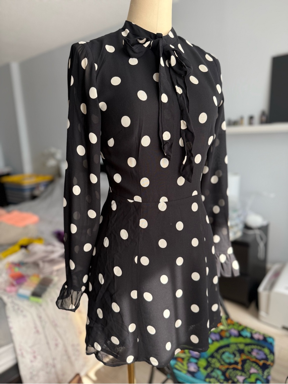 Reformation Black and White Polka Dot Tie-Neck Dress Size 0